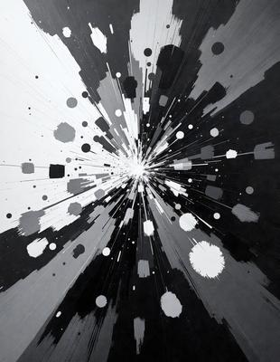 The primary subject of the image is a black and white artwork featuring a large, bright, and colorful explosion. The setting is a black background, which contrasts with the vibrant colors of the explosion. The visual style is a combination of digital art and illustration, creating a dynamic and eye-catching piece. The colors and mood of the image are predominantly black and white, with the explosion being the focal point and the main source of color and energy.